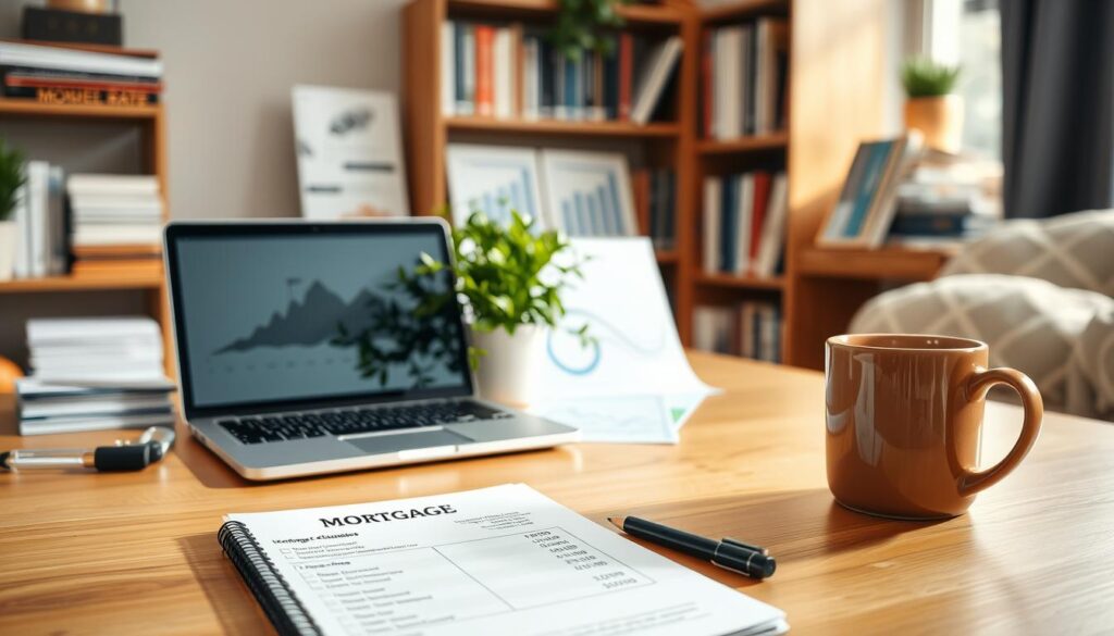A cozy home office setting in soft natural light, showcasing a wooden desk and a laptop with mortgage documents open on the screen. In the foreground, a notepad filled with basic mortgage calculations and a coffee mug. In the middle, a potted plant adds a touch of greenery beside various mortgage-related charts and diagrams. The background includes a bookshelf filled with finance and real estate books, creating a warm, inviting atmosphere. Use a shallow depth of field to focus on the foreground elements while softly blurring the background. The overall mood conveys clarity and professionalism, perfect for understanding fixed-rate mortgages.