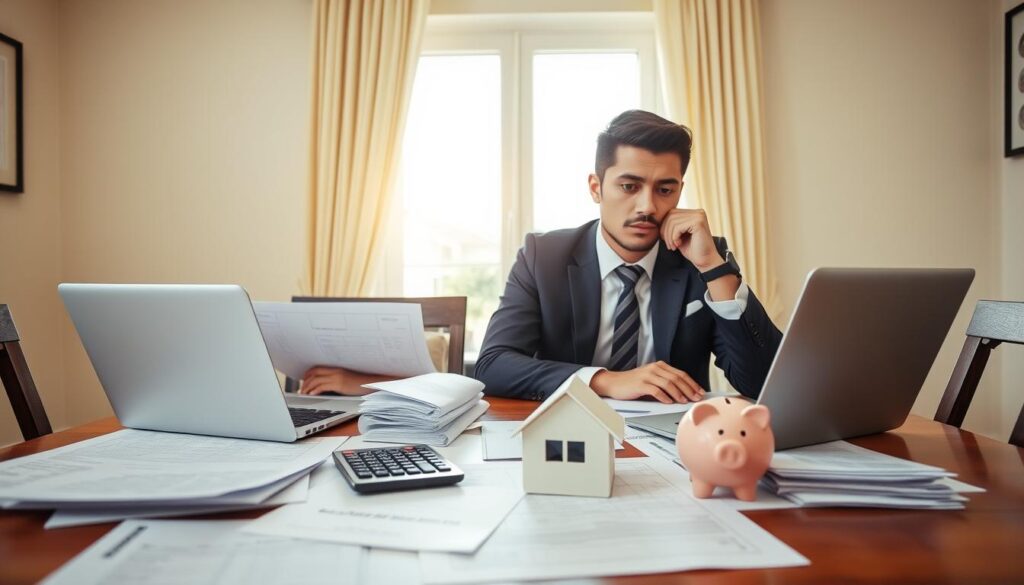 A focused scene illustrating the concept of a down payment challenge. In the foreground, a young professional couple, dressed in business attire, sit at a dining table cluttered with documents and a laptop, looking concerned but determined. In the middle, a calculator and a piggy bank symbolize their struggle to save for a down payment, while a house blueprint lies beside them, hinting at their dreams of homeownership. In the background, a window reveals a sunny neighborhood, conveying hope and future possibilities. Soft, warm lighting fills the room, creating an inviting yet serious atmosphere. The image captures a moment of contemplation and planning, emphasizing the emotional weight of financial decisions.