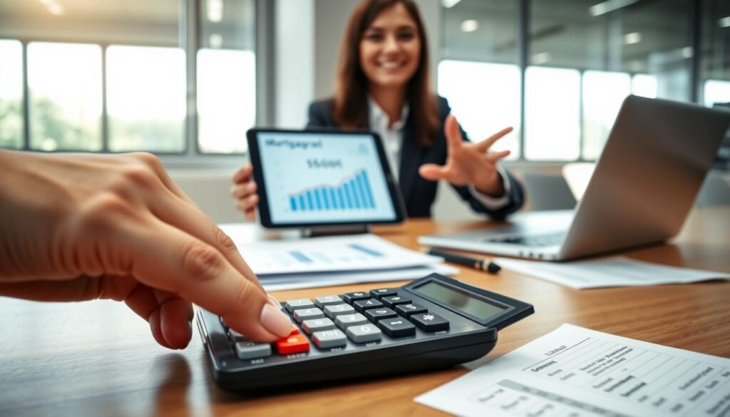 A modern mortgage payoff calculator set atop a sleek wooden desk, surrounded by financial documents and a laptop displaying charts. In the foreground, a close-up of a hand with neatly manicured nails inputting figures into the calculator. In the middle ground, a financial advisor in business attire, a confident smile on their face, gestures towards a digital tablet showing an interactive mortgage calculation graph. In the background, a softly blurred office environment with large windows allowing natural light to flood in, casting gentle shadows. The mood is professional and inviting, conveying a sense of clarity and support in financial decision-making. The image should have bright lighting to emphasize the tools of financial planning. A modern mortgage payoff calculator set atop a sleek wooden desk, surrounded by financial documents and a laptop displaying charts. In the foreground, a close-up of a hand with neatly manicured nails inputting figures into the calculator. In the middle ground, a financial advisor in business attire, a confident smile on their face, gestures towards a digital tablet showing an interactive mortgage calculation graph. In the background, a softly blurred office environment with large windows allowing natural light to flood in, casting gentle shadows. The mood is professional and inviting, conveying a sense of clarity and support in financial decision-making. The image should have bright lighting to emphasize the tools of financial planning.