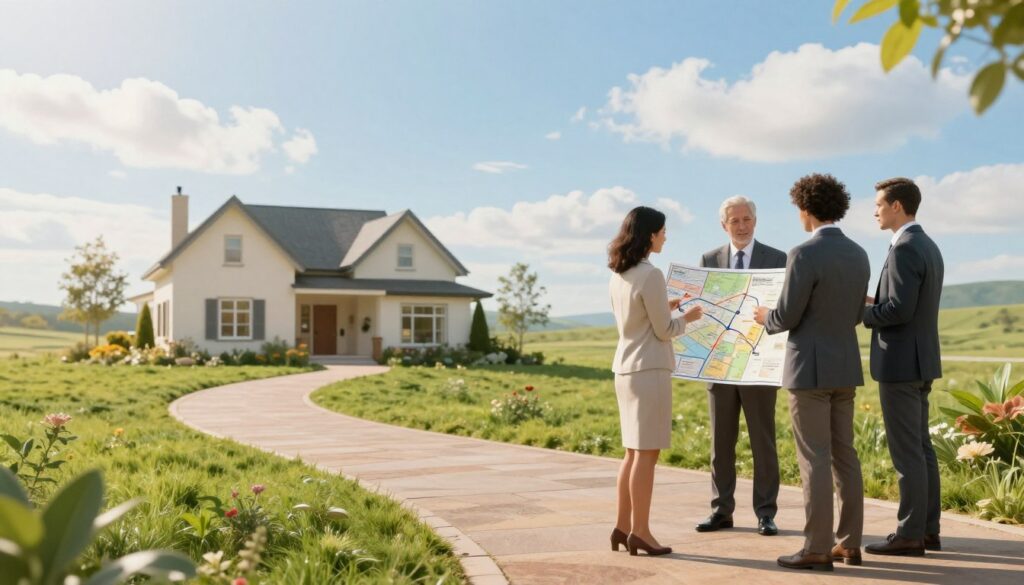 How to Pay Off Your Mortgage in 5 Years, A serene landscape depicting a winding path symbolizing the journey to mortgage freedom. In the foreground, a diverse group of three individuals in professional business attire stands confidently, examining a large map that illustrates various milestones toward financial independence. The middle ground features a bright, cozy house with a well-kept garden, representing the goal of home ownership free from debt. The background showcases a clear blue sky with soft, fluffy clouds, suggesting hope and new beginnings. The lighting is warm and inviting, casting gentle shadows and enhancing the sense of optimism. The overall mood is inspiring and uplifting, encouraging the viewer to embark on their own path to mortgage freedom.