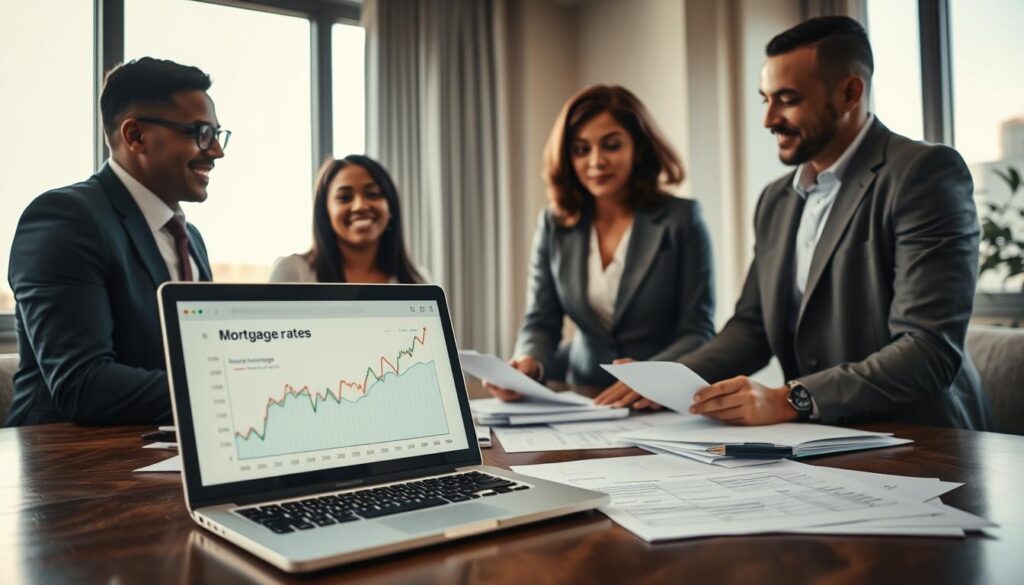 A serene office setting where a diverse group of three professionals, dressed in smart business attire, are engaged in a discussion around a table covered with mortgage documents and a laptop displaying graphs. In the foreground, a close-up of the laptop screen shows rising and falling mortgage rate trends, symbolizing negotiation. The middle ground features the professionals animatedly debating strategies, their expressions reflecting determination and collaboration. In the background, large windows allow natural light to pour in, casting a warm glow that enhances the optimistic atmosphere. The overall mood is one of focus and empowerment, emphasizing the importance of understanding and negotiating mortgage rates effectively, captured with a soft focus lens for a professional finish.