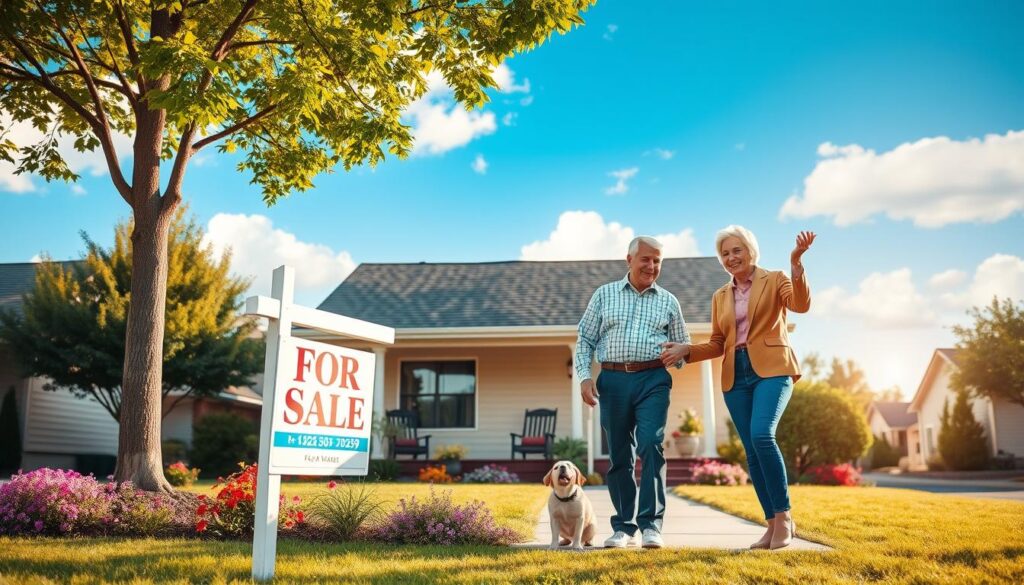 A serene suburban neighborhood scene featuring a cozy, charming single-story house with a well-manicured garden, surrounded by flowering plants and mature trees. In the foreground, a couple in their 60s is joyfully examining a "For Sale" sign while dressed in smart casual clothing, reflecting a sense of excitement and optimism. In the middle ground, the house displays a welcoming porch with comfortable chairs, and a small dog rests nearby, enhancing the feeling of home. The background showcases a bright blue sky with fluffy clouds, bathing the scene in soft, warm afternoon light. The overall mood is uplifting and hopeful, symbolizing new beginnings and the joy of homeownership at this stage in life.
