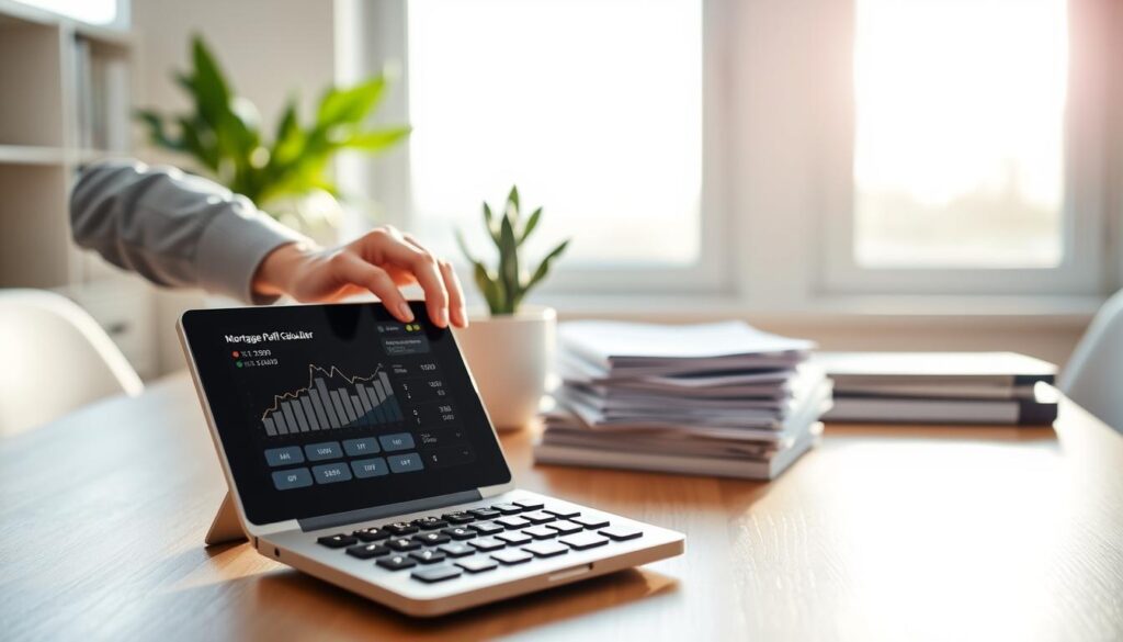 A sleek mortgage payoff calculator tool displayed on a modern wooden desk in a bright, well-lit home office. In the foreground, the calculator features a digital screen showing various financial graphs and numbers, with a person's hands, dressed in smart casual attire, poised over the device as if contemplating a decision. In the middle, a potted plant and a neatly stacked pile of financial documents hint at organized financial planning. In the background, a soft-focus window reveals a serene outdoor view, enhancing the calm atmosphere of financial clarity. Natural light streams in, creating an inviting and productive ambiance, with a shallow depth of field to emphasize the calculator tool as the focal point of the composition.
