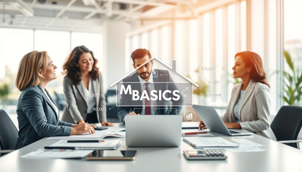 A visually engaging illustration depicting "mortgage basics," suitable for a financial article. In the foreground, a diverse group of three professionals in business attire, engaged in a discussion around a large table, filled with documents, calculators, and a laptop displaying financial graphs. In the middle, a layered infographic showcasing key mortgage terminology—like “principal,” “interest,” and "amortization”—with clear icons and symbols. The background features a spacious, modern office space with large windows allowing natural light to flood in, creating a bright and optimistic atmosphere. Use soft focus for depth, creating a sense of professionalism and clarity, emphasizing understanding and collaboration in financial matters.