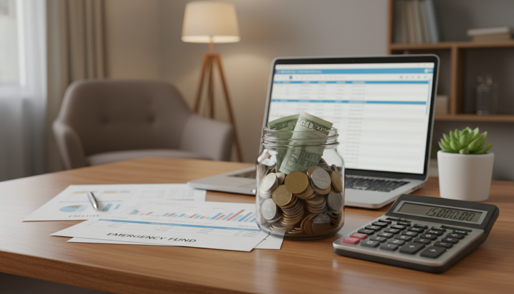 A visually rich representation of an emergency savings account concept. In the foreground, a clear glass jar filled with neatly stacked coins and a few paper bills, symbolizing savings. To the side, a calculator displays figures indicating financial planning. In the middle ground, a well-organized desk with financial documents, a potted plant for a touch of life, and a modern laptop open to a budgeting spreadsheet. The background features a soft-focus view of a cozy, well-lit home office with warm, ambient lighting. The mood is calm and reassuring, evoking a sense of security and financial preparedness. Shot from a slightly elevated angle to capture all elements harmoniously while maintaining a professional atmosphere.