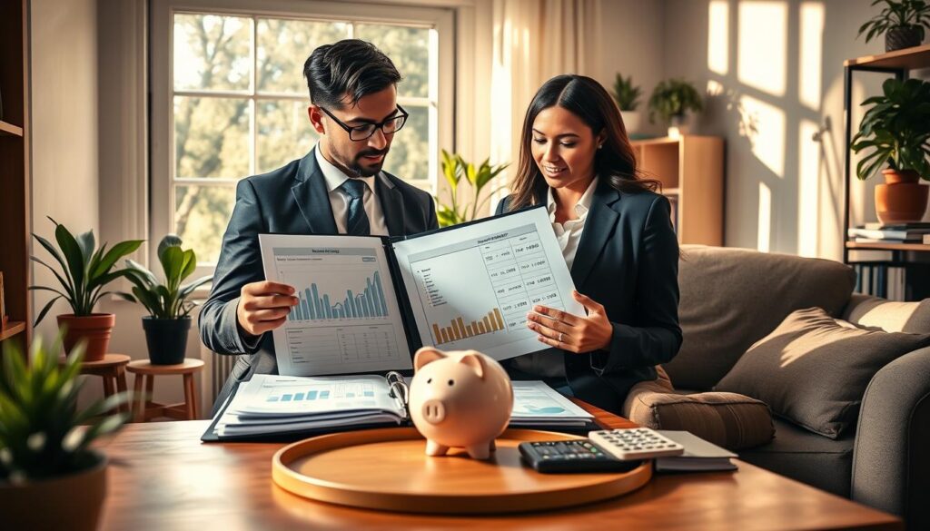 A visually striking scene depicting the importance of emergency savings, set in a cozy, well-lit home office. In the foreground, a diverse professional man and woman, dressed in smart business attire, are reviewing a neatly organized financial binder filled with charts and graphs illustrating savings growth. In the middle ground, a small table holds a piggy bank and a calculator, symbolizing finances. The background features a window allowing warm sunlight to flood in, creating an inviting atmosphere. Soft shadows enhance the detail of the room filled with houseplants and books about finance. The mood is one of focus and determination, highlighting the proactive steps towards financial security and the peace of mind that comes with having an emergency fund.